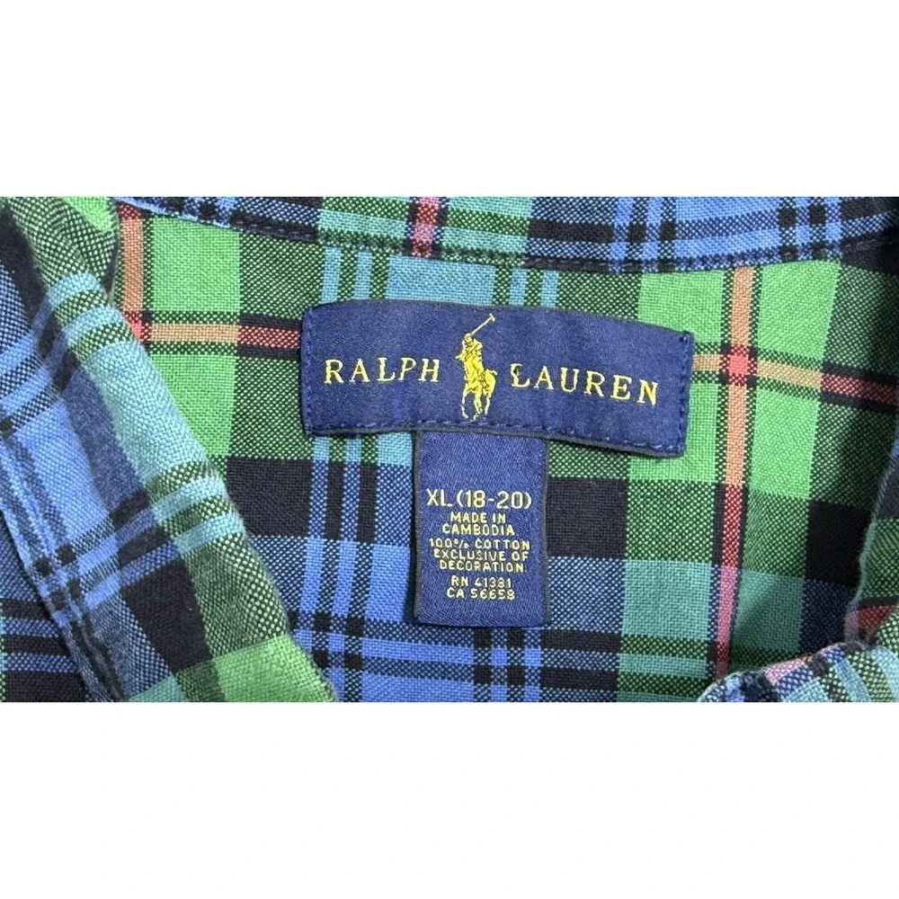 Ralph Lauren Shirt‎ Boys XL 18-20 Green Blue Plaid Button Down Long Sleeve Pony